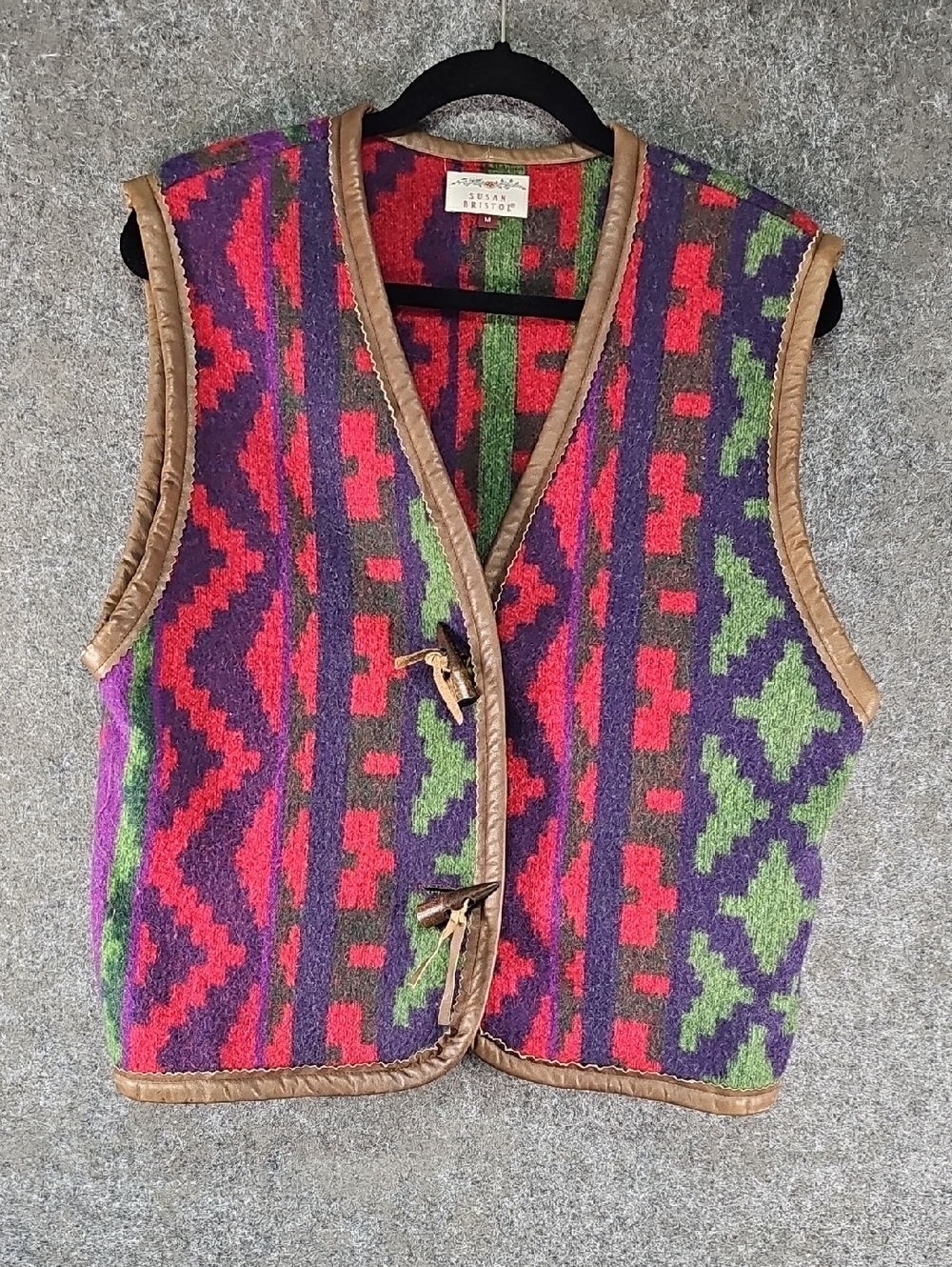 Vtg 90s Susan Bristol Southwestern Vest, Wool Blend, Red Purple Green, Size M